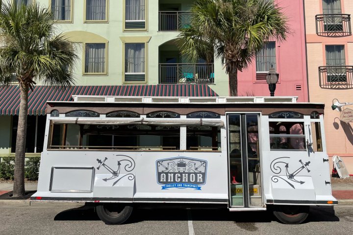 a truck is parked in front of a building